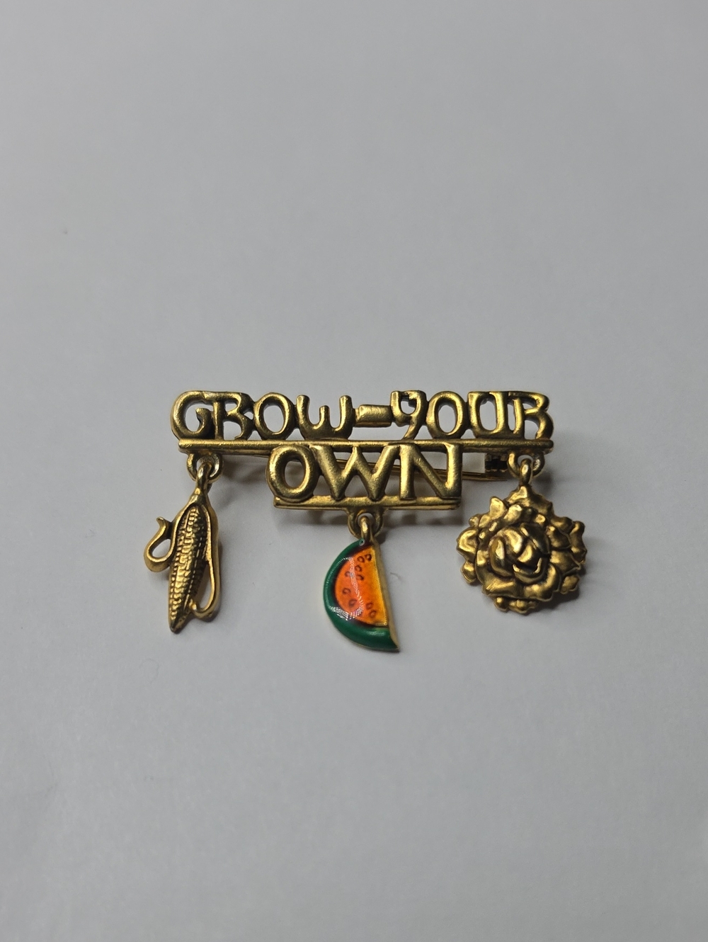 Vintage Danecraft Gold-tone "Grow Your Own" Charm Brooch with Fruit Charm